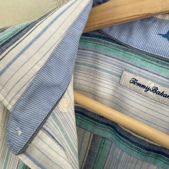Tommy Bahama Mens Large Stripe Linen Blend Button Up Shirt Long Sleeve Vacation - Picture 3 of 11